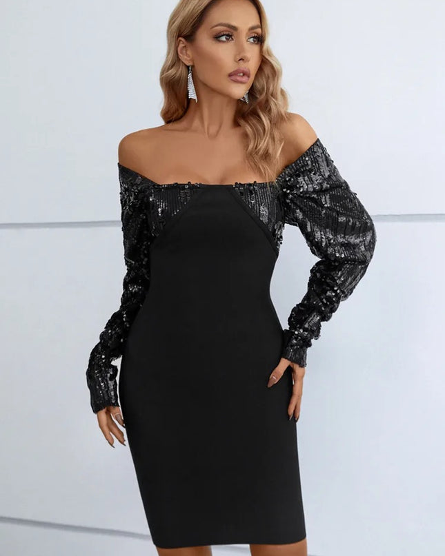 Vestido curto de lantejoulas com ombros á mostra - preto