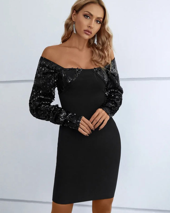 Vestido curto de lantejoulas com ombros á mostra - preto