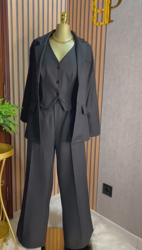 3-Piece Black Set - Blazer, Vest, and Pants