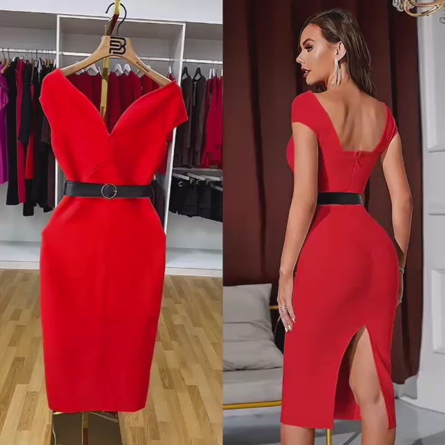 Vestidos midi com decote em V e faixa aberta, com cinto.