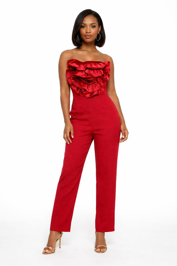 Red jumpsuit with ruffles